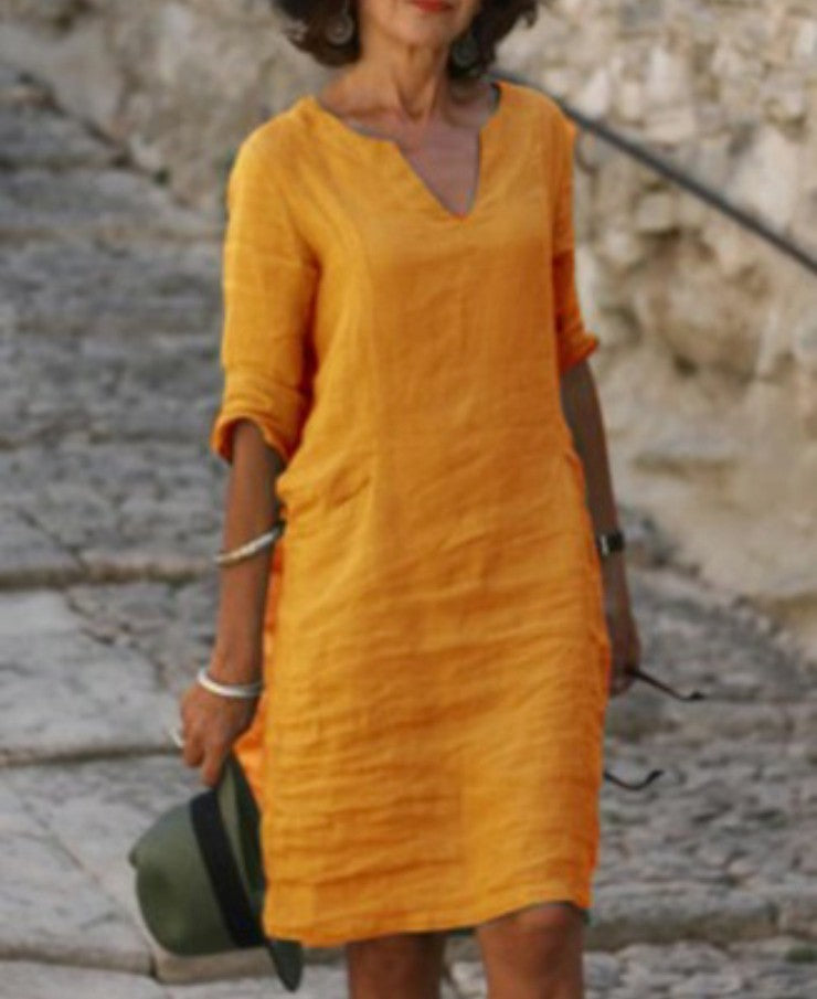 Abito casual in lino con scollo a V e vestibilità rilassata da donna