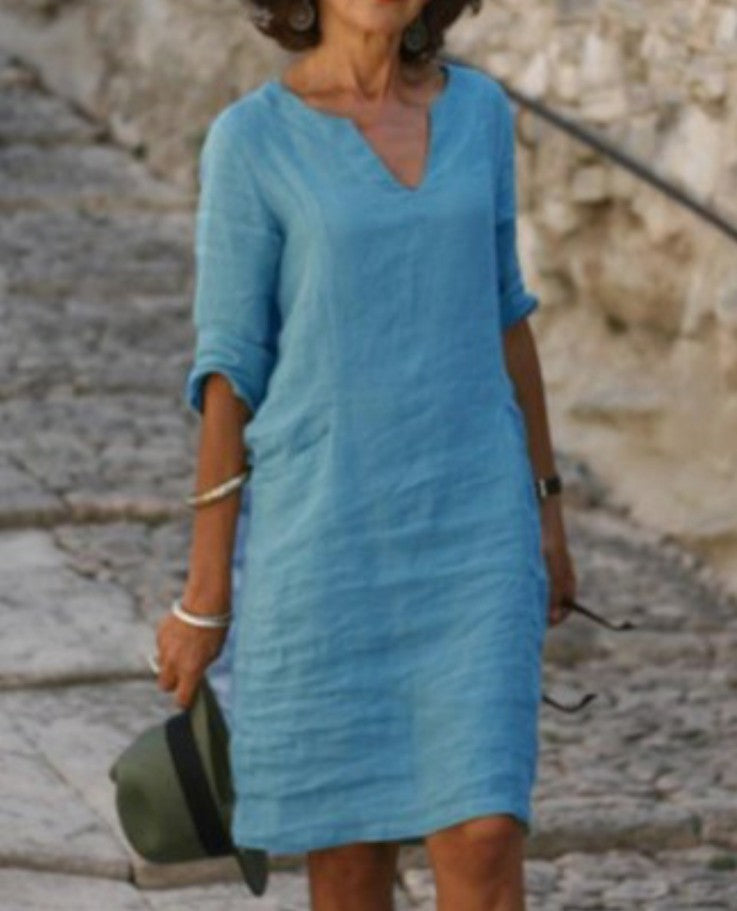Abito casual in lino con scollo a V e vestibilità rilassata da donna