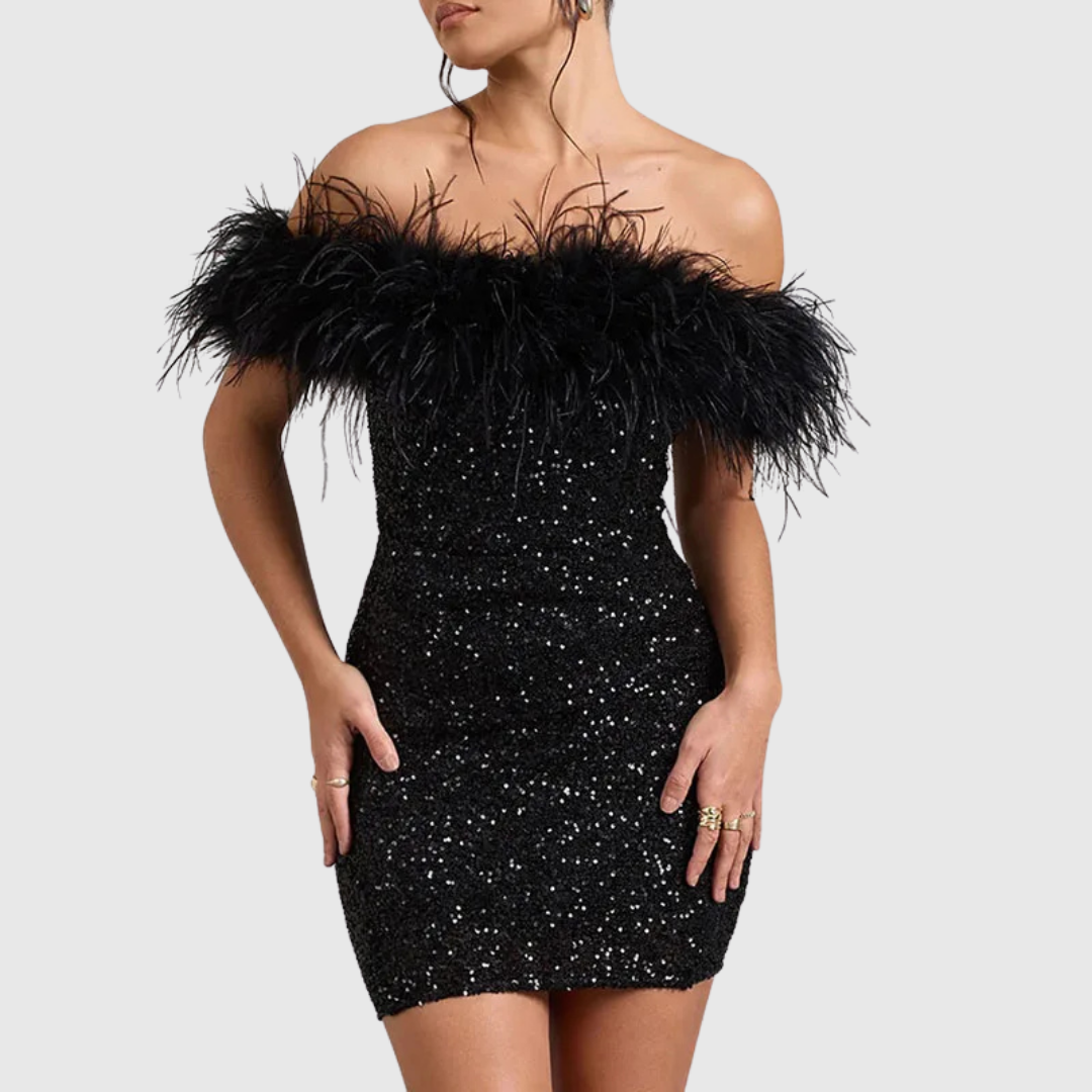 Abito Corto da Sera con Paillettes e Scollo Bardot da Donna