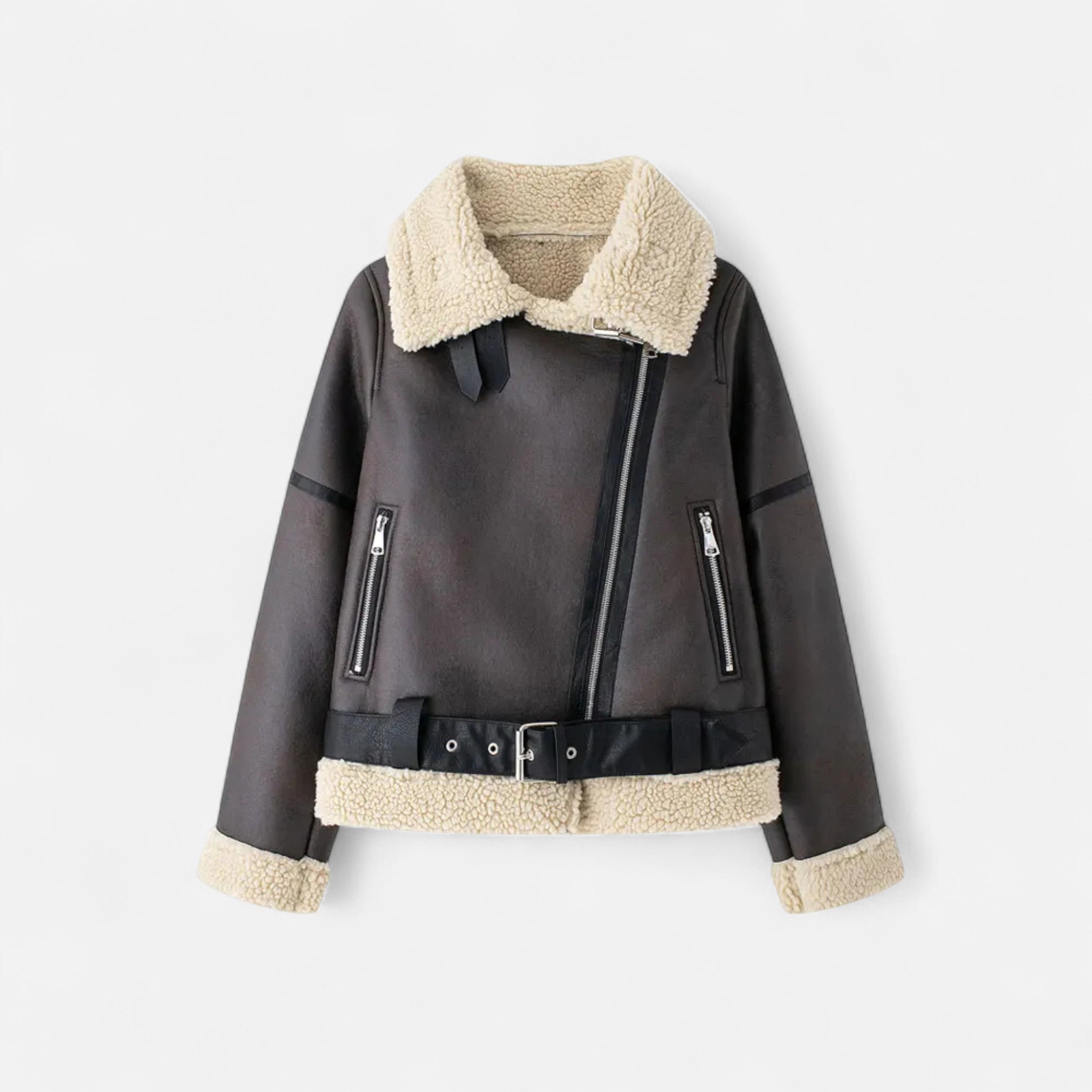 Giacca Aviator Donna con Collo Effetto Shearling e Cintura