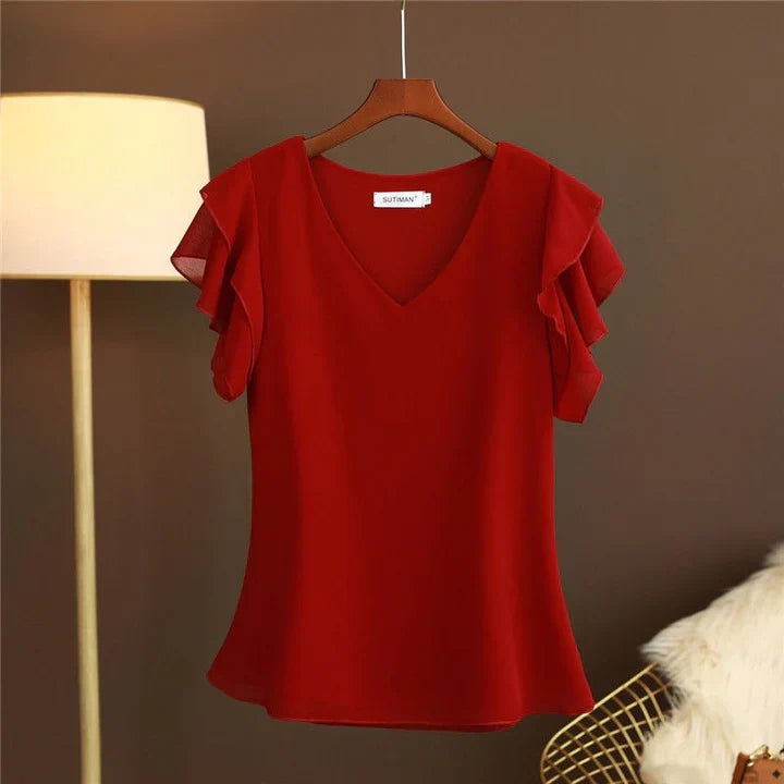 Camicetta leggera in chiffon di seta da donna con maniche a volant e scollo a V