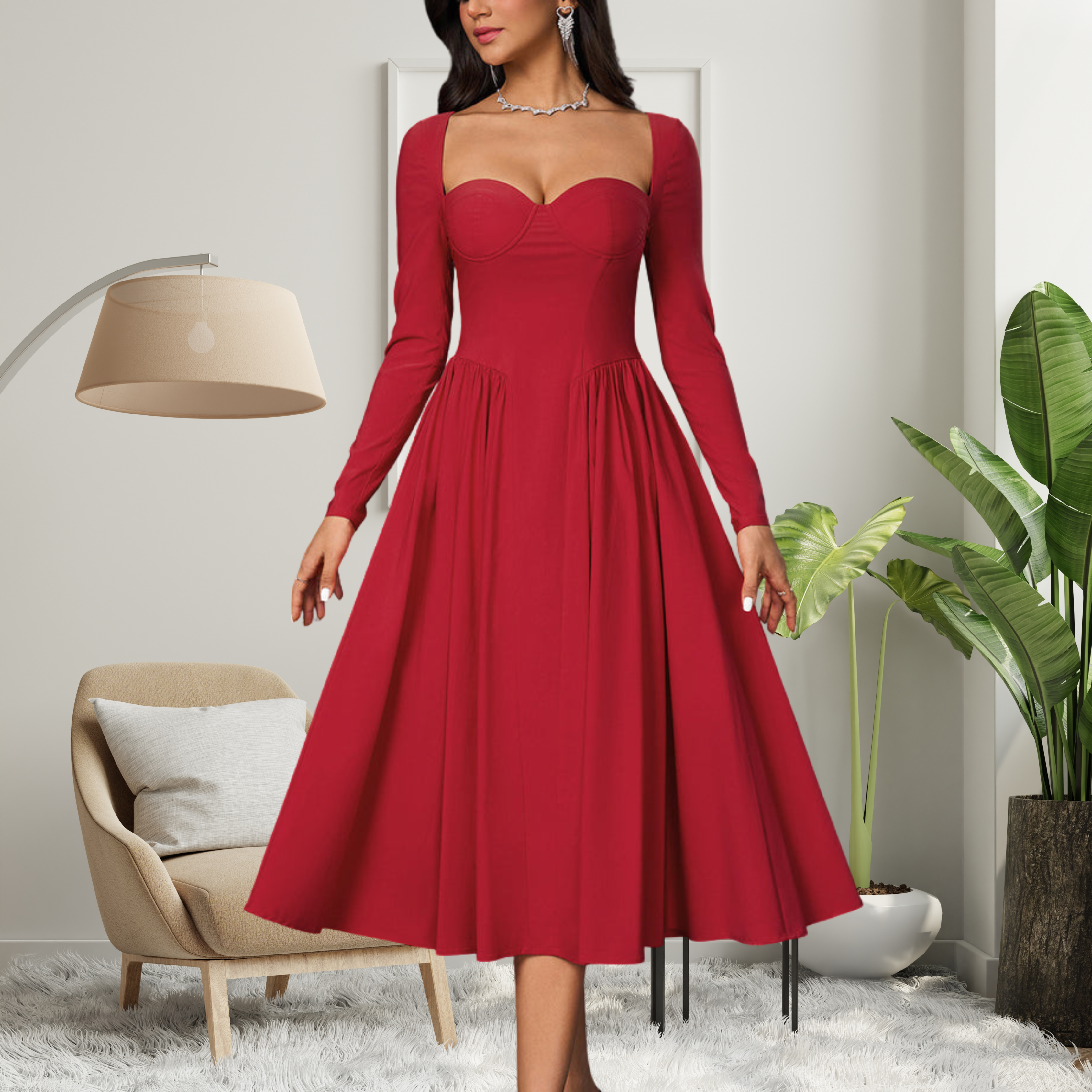 Abito Midi da Donna con Scollo a Cuore e Maniche Lunghe
