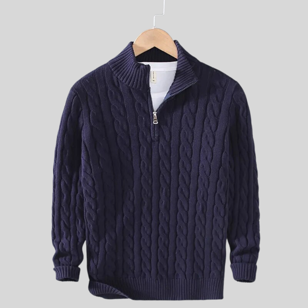 Maglione Uomo a Trecce con Collo Alto e Mezza Zip