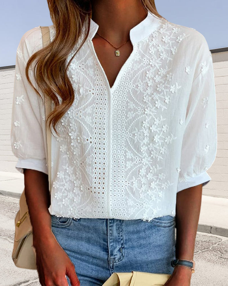 Blusa da Donna – Top con Scollo a V e Maniche a Sbuffo, Misto Cotone e Dettagli Patchwork