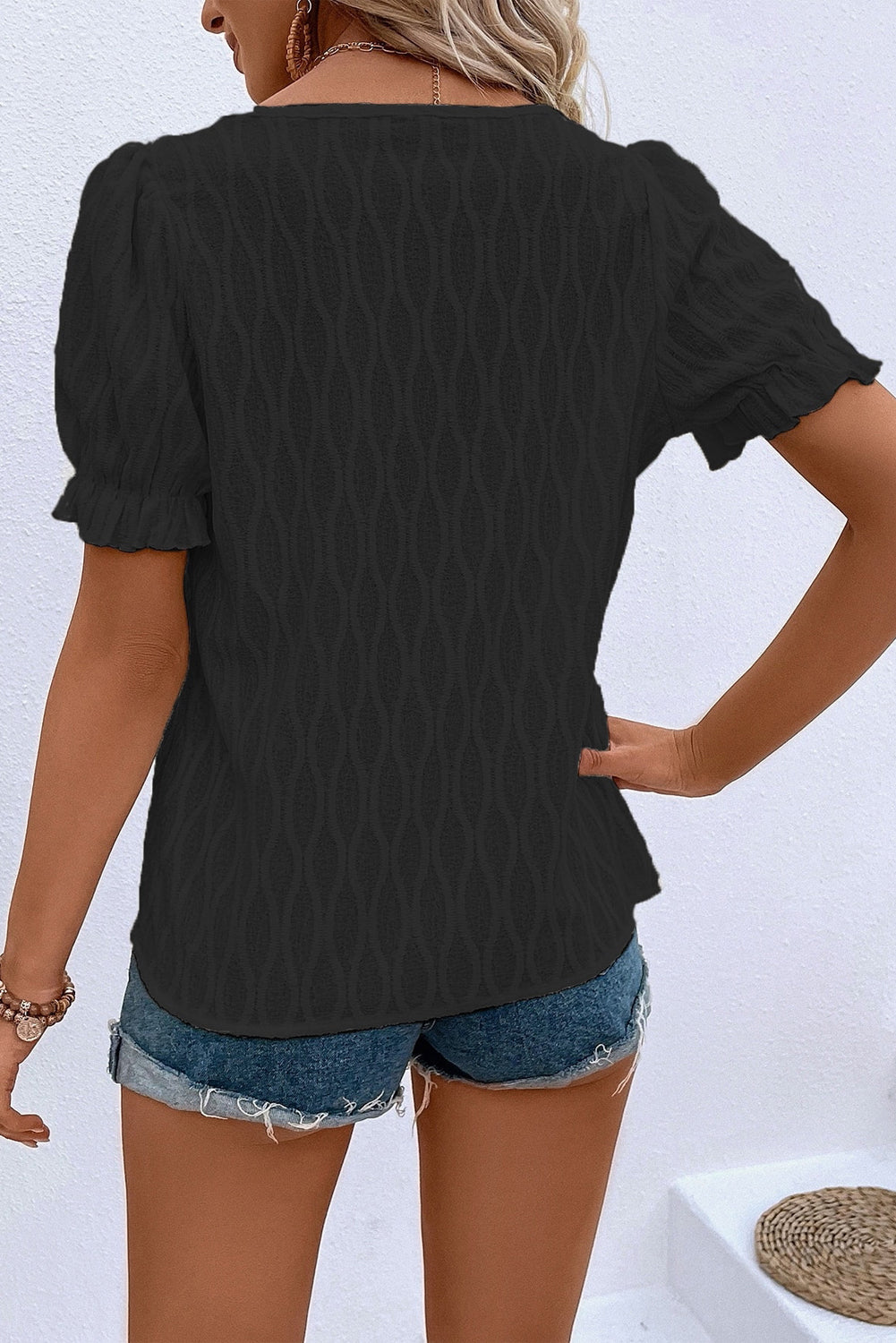 Blusa Testurizzata a Tinta Unita con Scollo a V e Maniche a Sbuffo