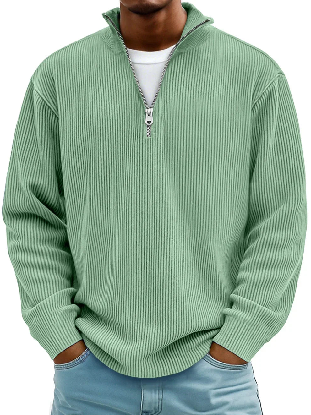 Herresweater med lynlås og ribstrikket stof