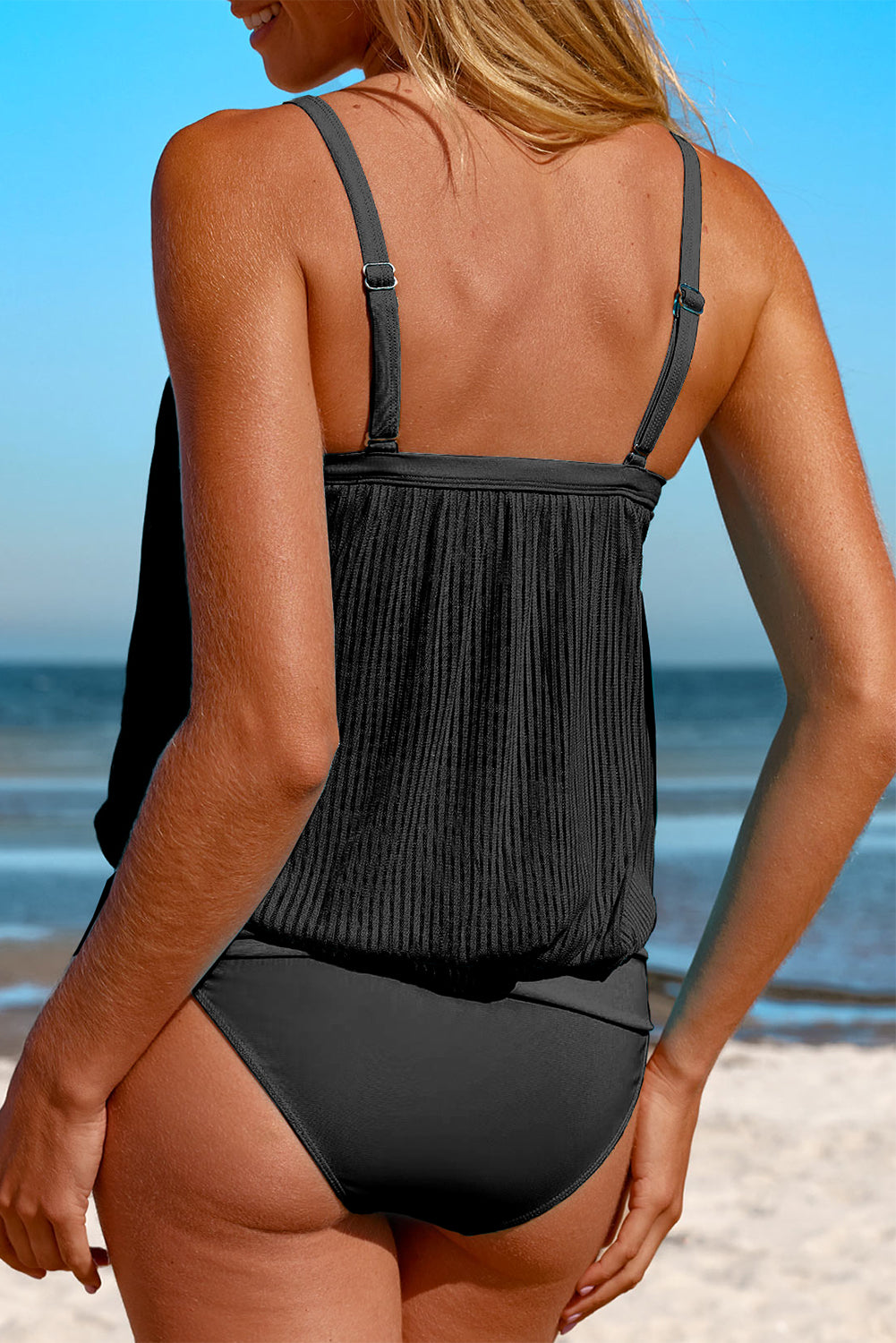 Costume da Bagno Tankini a Righe con Orlo Annodato e Mesh