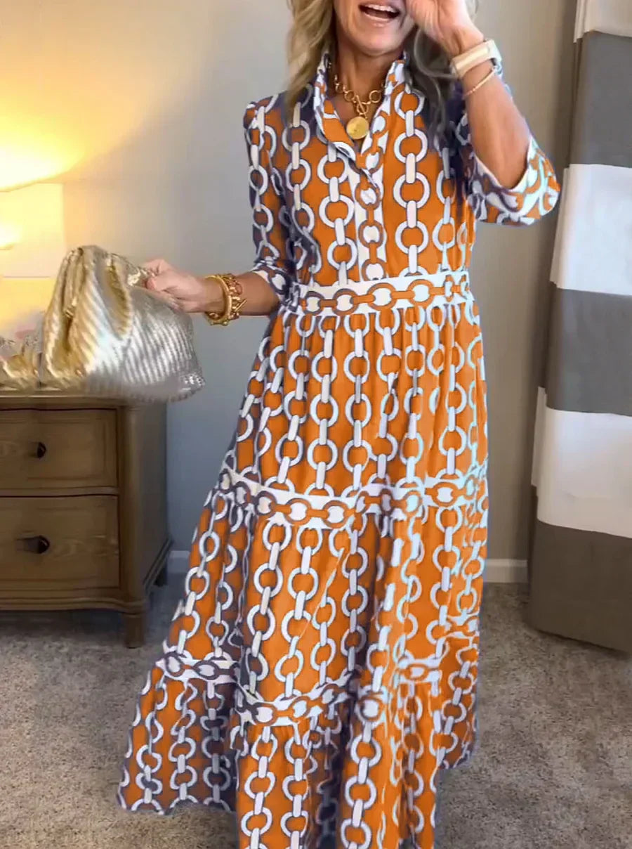 Abito Maxi da Donna con Stampa Geometrica e Cintura in Vita