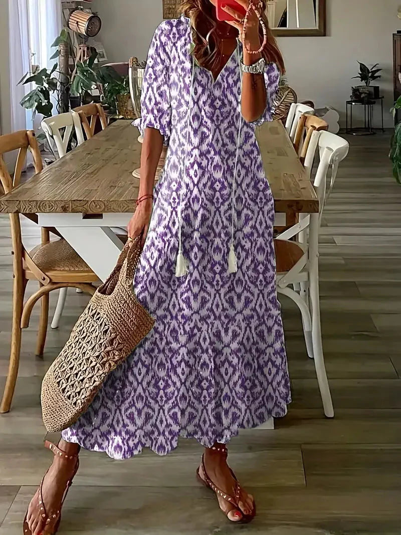 Rochie Boho Charm pentru femei – Rochie de vară elegantă cu volane, decolteu în V și model Ikat