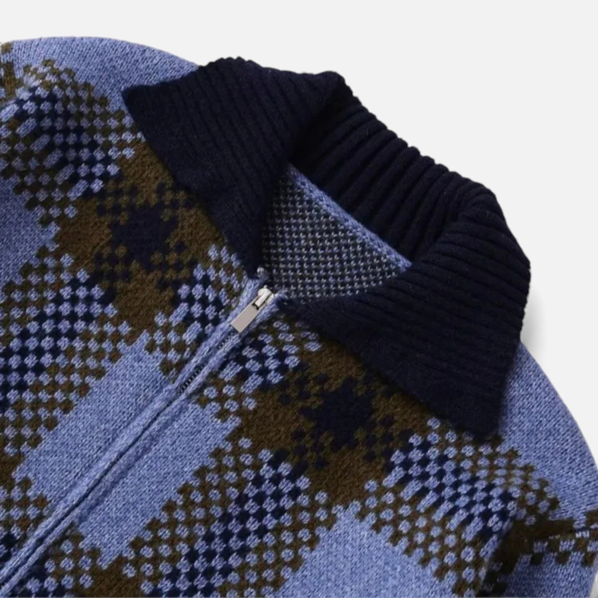 Cardigan Donna a Quadri con Zip e Colletto a Contrasto