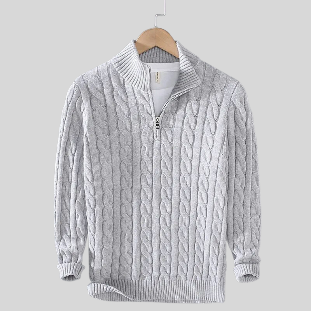 Maglione Uomo a Trecce con Collo Alto e Mezza Zip