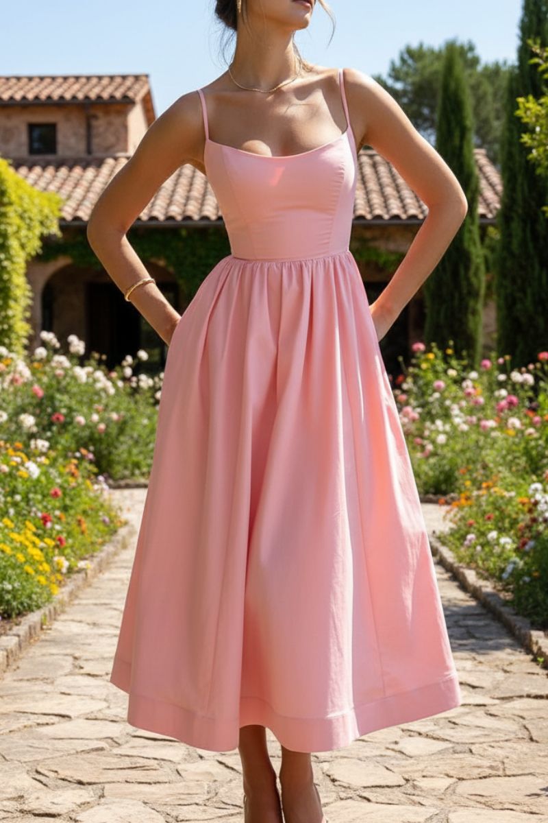 Abito Midi da Donna con Spalline Sottili e Gonna Svasata