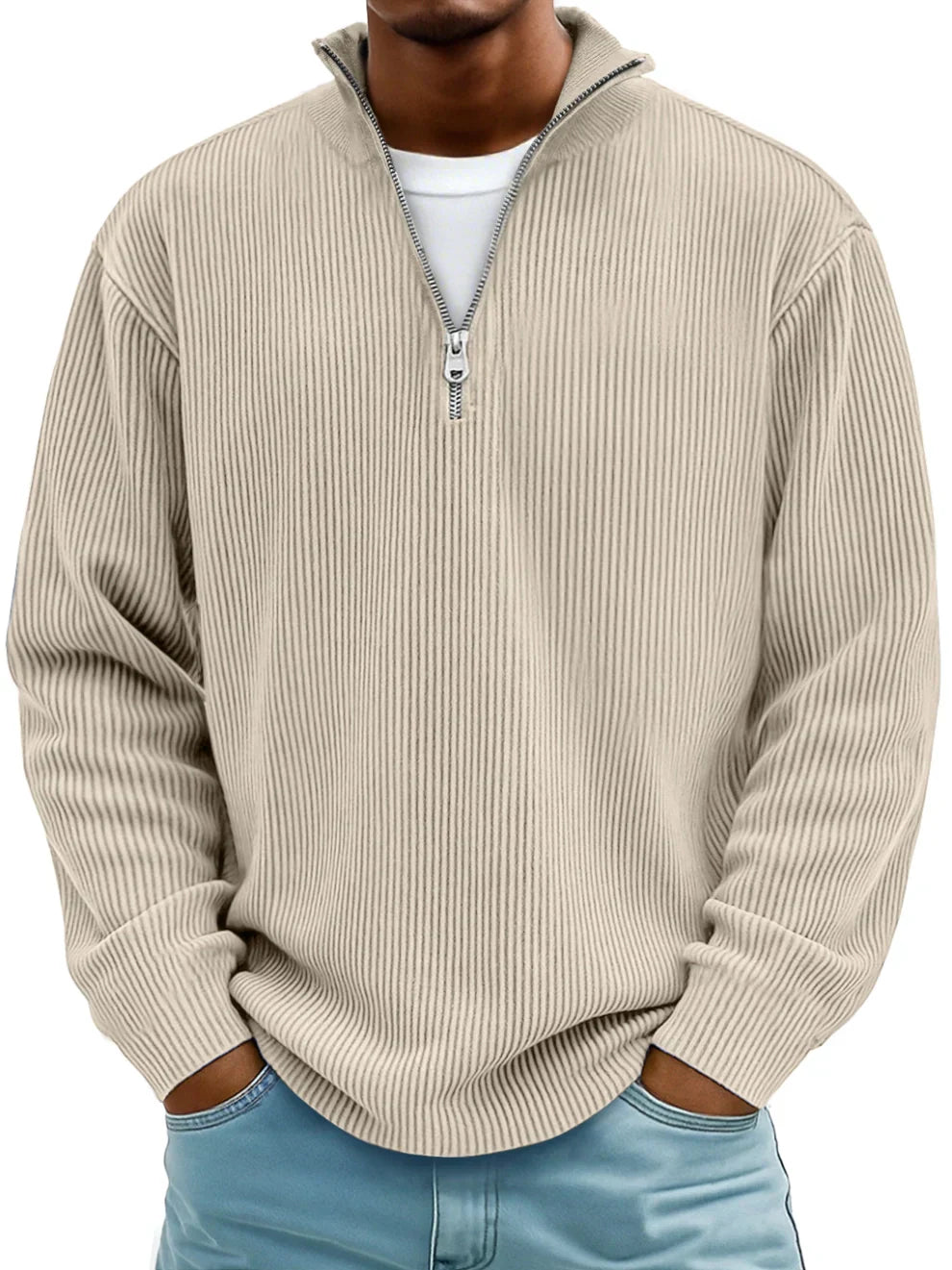 Maglione Uomo a Coste con Mezza Zip Vestibilità Regolare