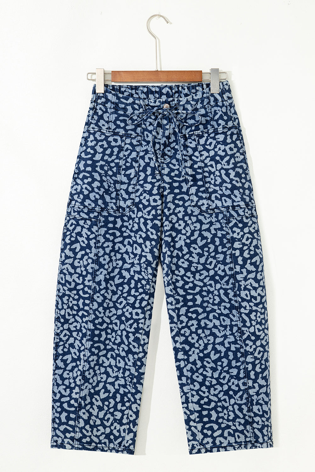Jeans a Gamba Larga con Stampa Leopardata, Coulisse ed Elastico in Vita