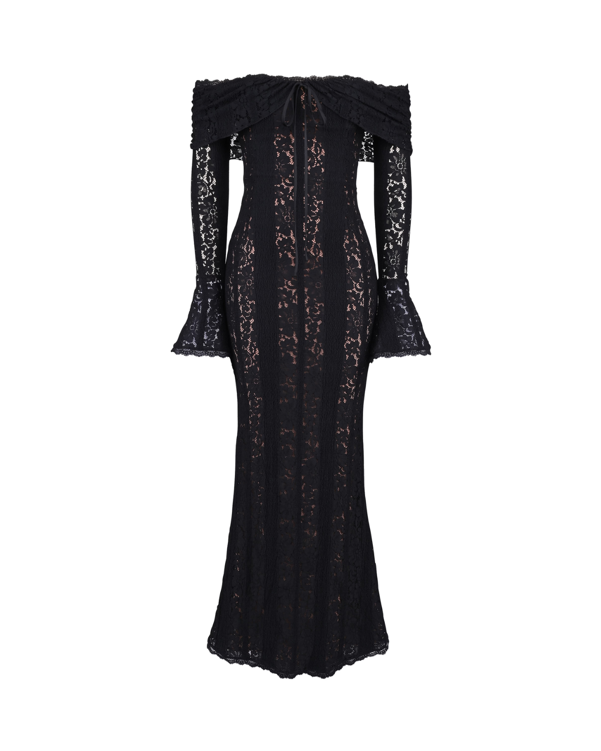 Vestido largo de noche para mujer con escote Bardot y mangas largas