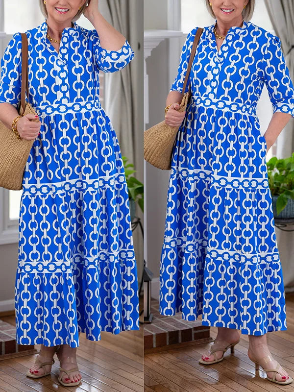 Abito Maxi da Donna con Stampa Geometrica e Cintura in Vita
