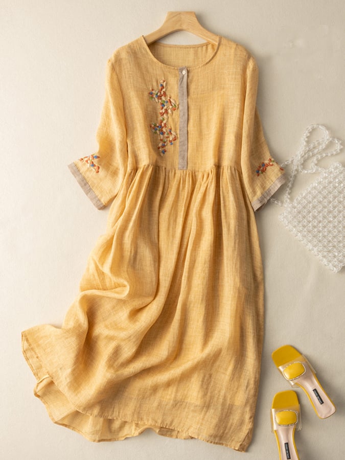 Vestido bordado de algodón y lino con diseño étnico y ajuste cómodo