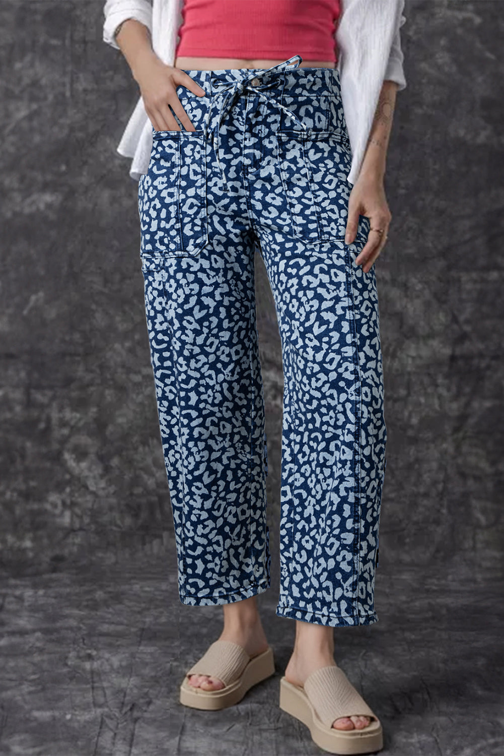 Jeans a Gamba Larga con Stampa Leopardata, Coulisse ed Elastico in Vita