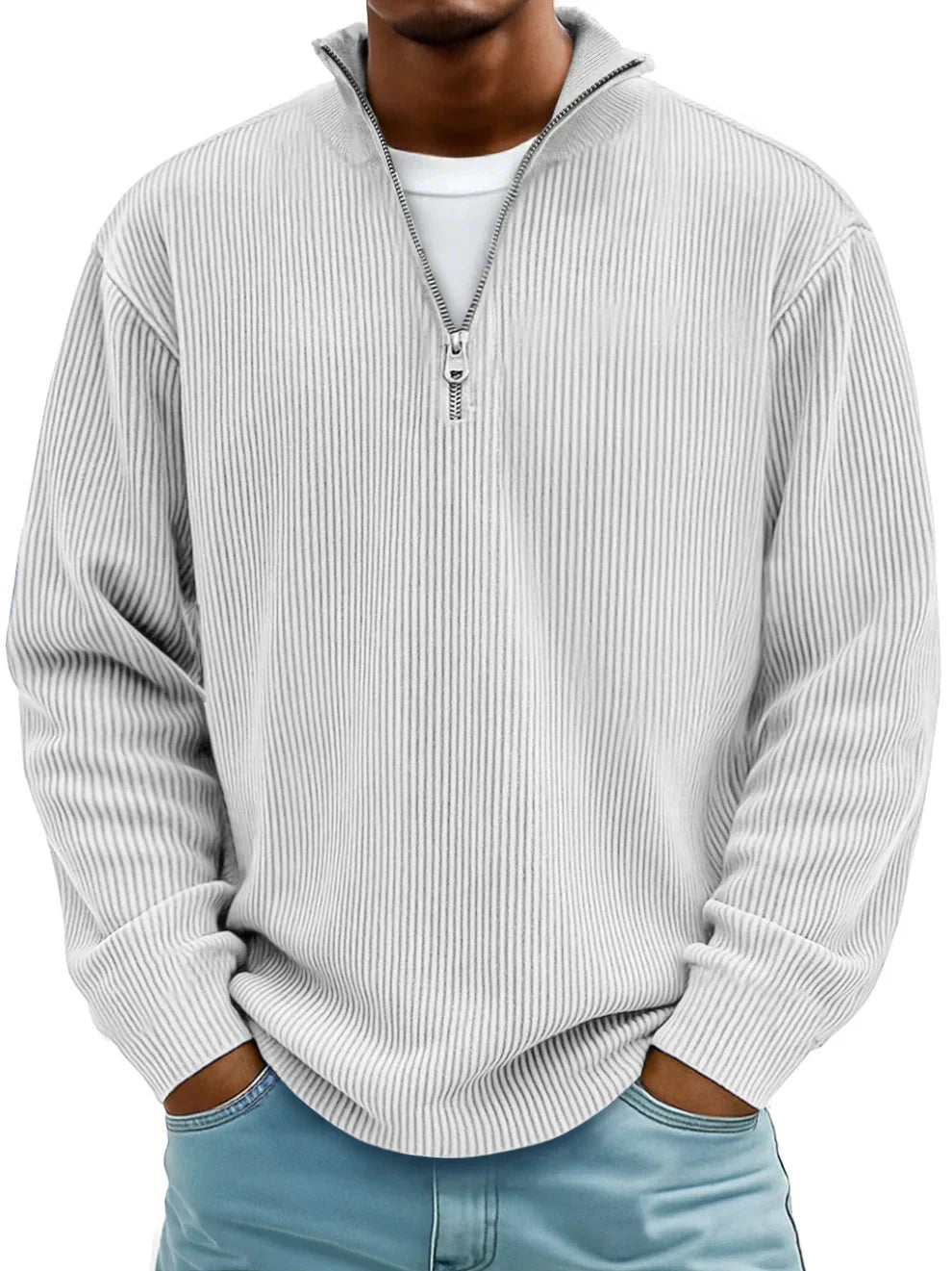 Herresweater med lynlås og ribstrikket stof