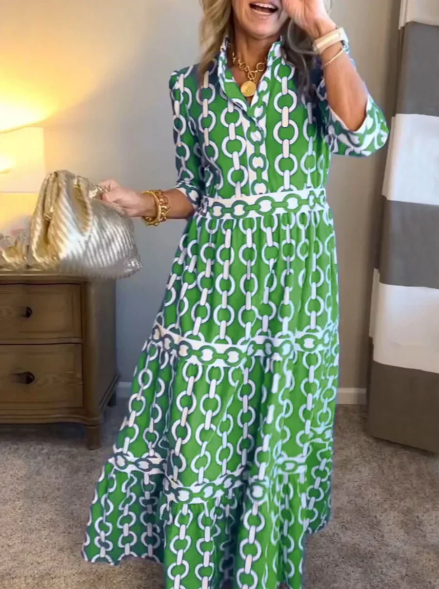 Abito Maxi da Donna con Stampa Geometrica e Cintura in Vita