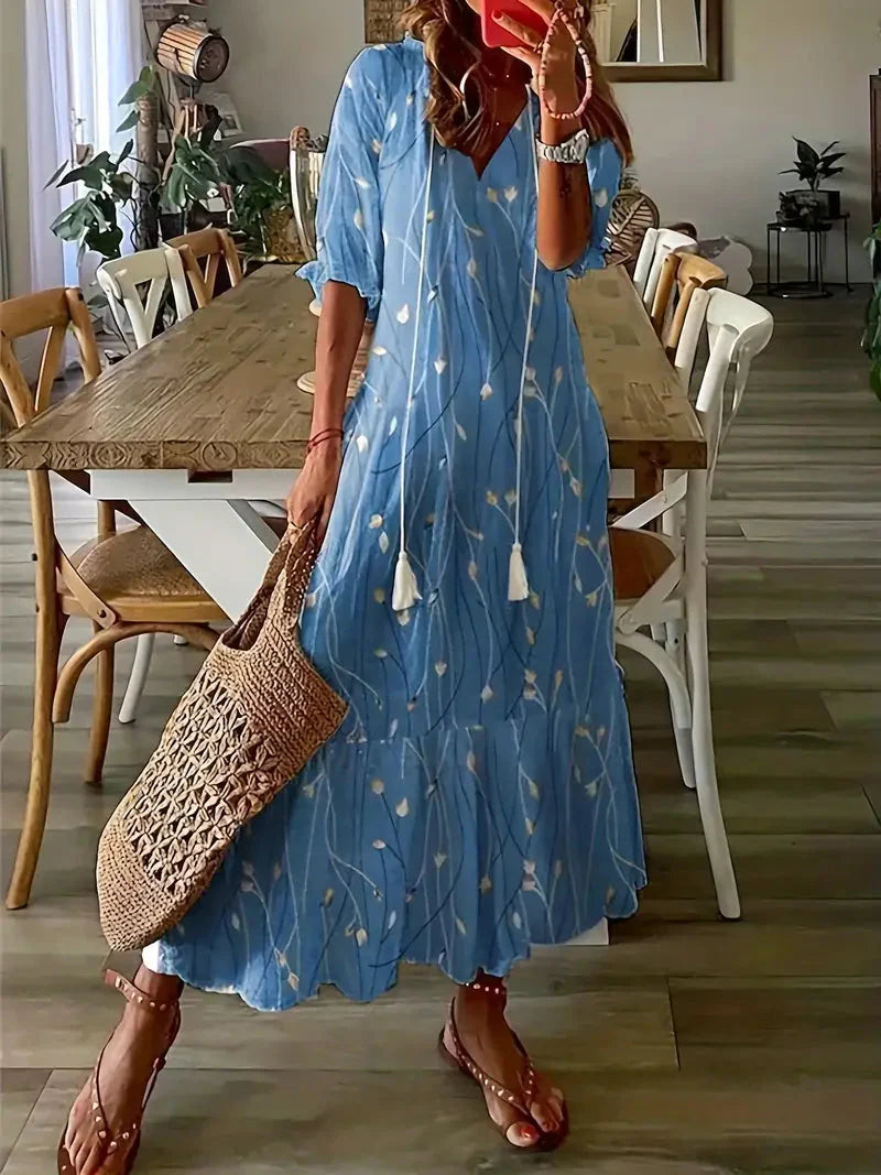 Rochie Boho Charm pentru femei – Rochie de vară elegantă cu volane, decolteu în V și model Ikat
