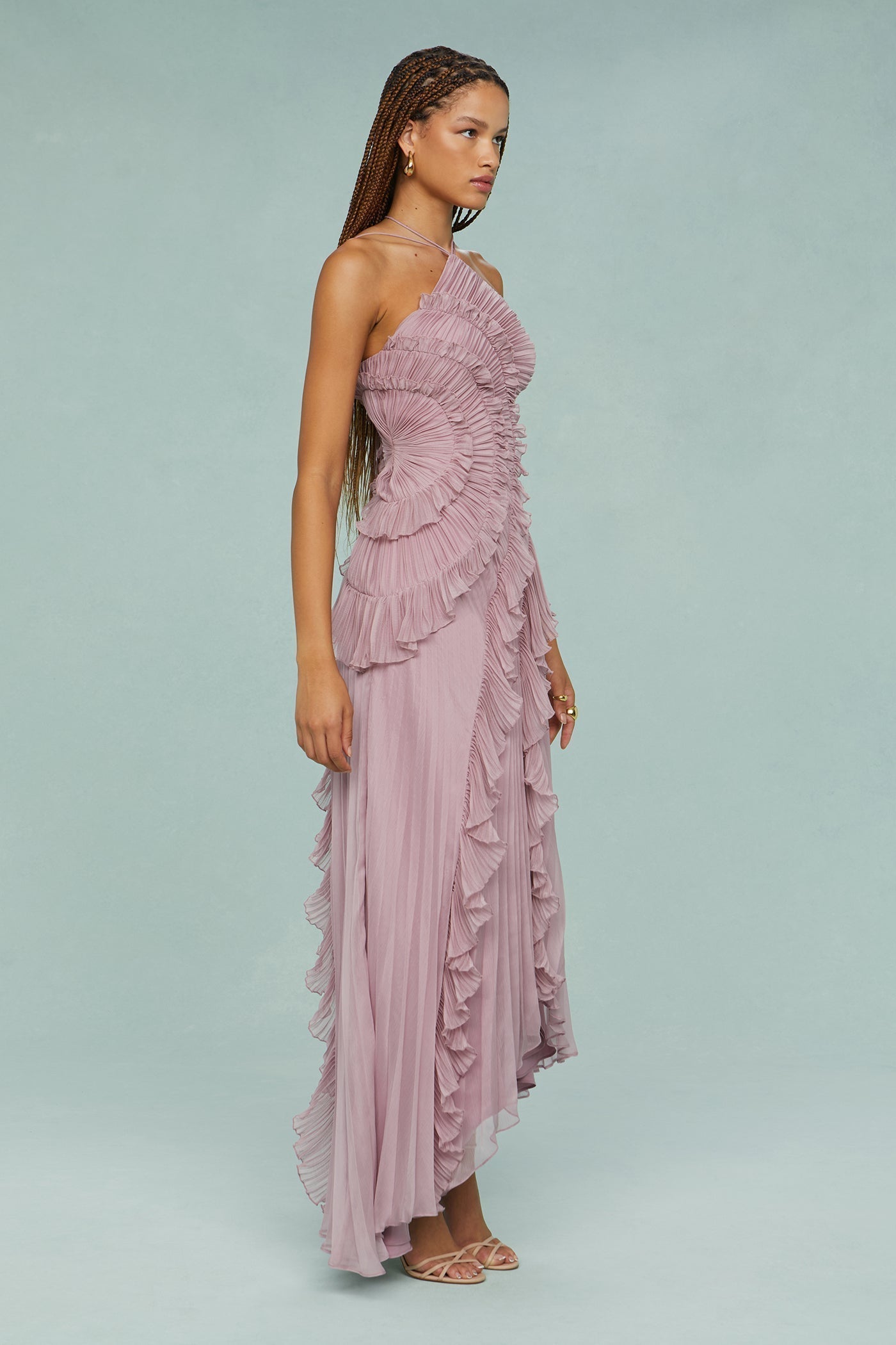 Lucía | Vestito Maxi Donna Volant Plissé Asimmetrico