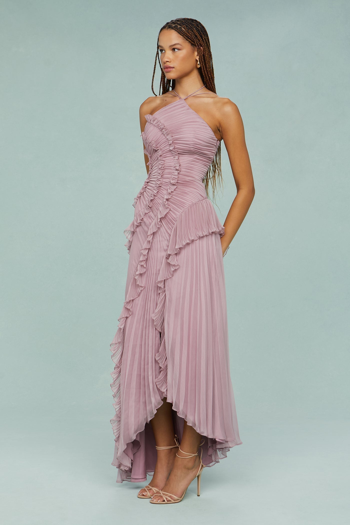 Lucía | Vestito Maxi Donna Volant Plissé Asimmetrico