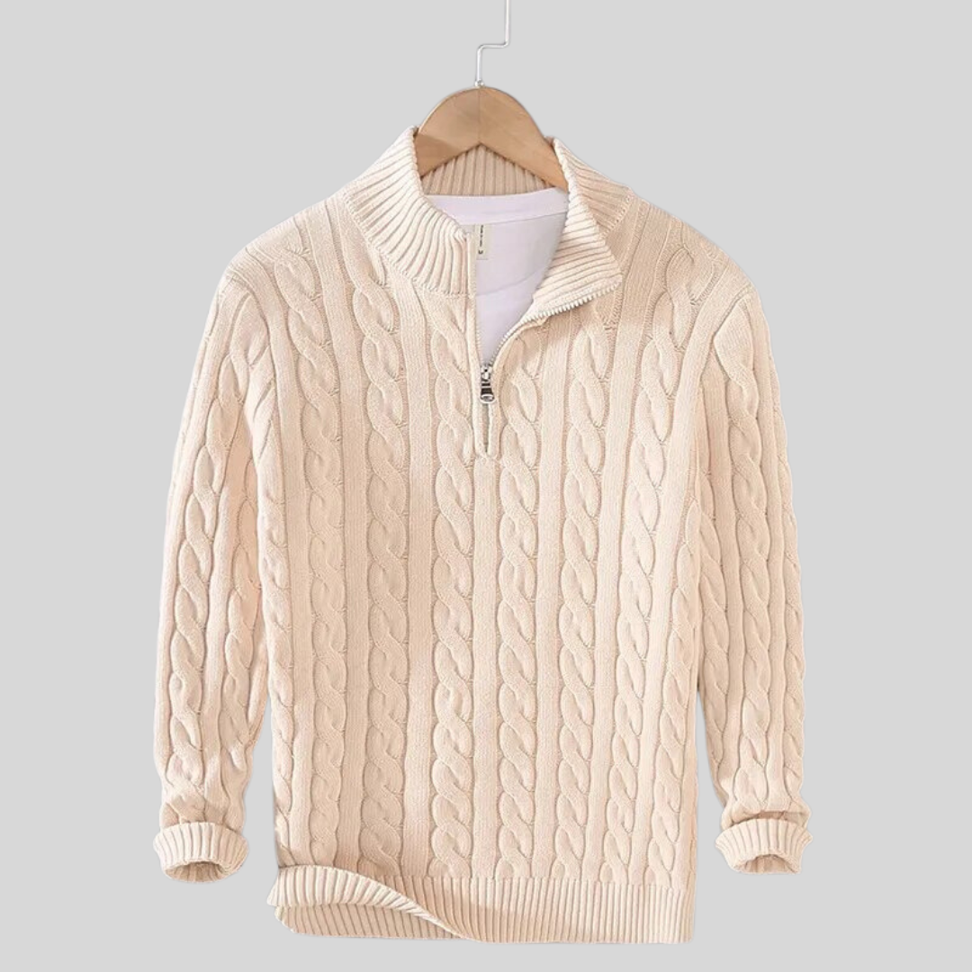 Maglione Uomo a Trecce con Collo Alto e Mezza Zip
