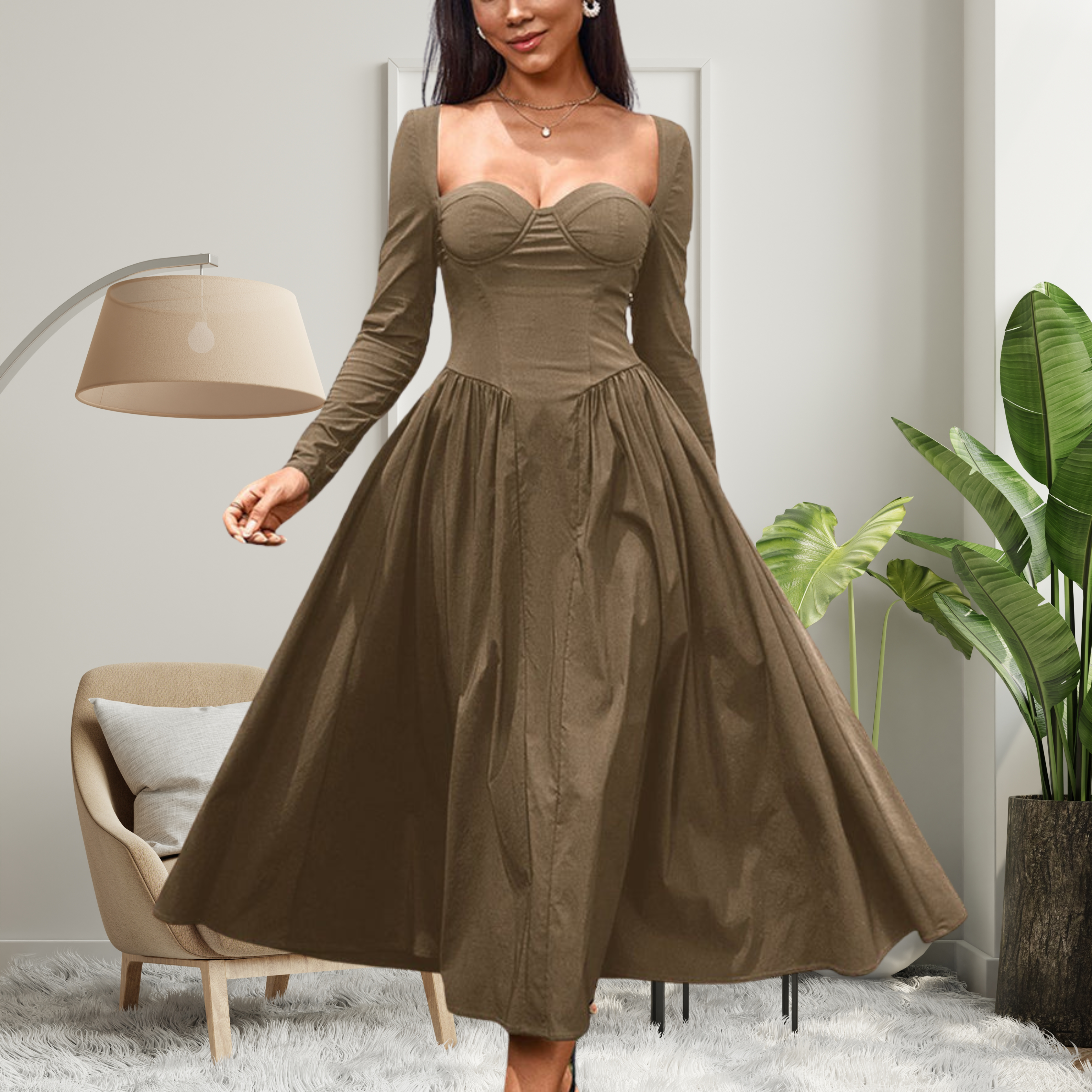 Abito Midi da Donna con Scollo a Cuore e Maniche Lunghe