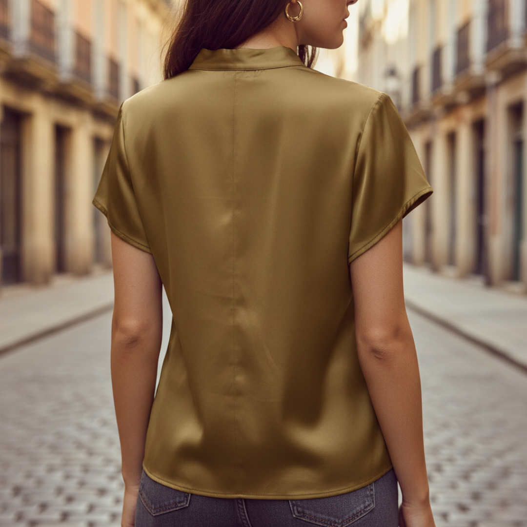 Blusa Satinata da Donna con Maniche Corte e Scollo Cowl