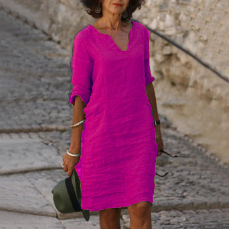 Abito casual in lino con scollo a V e vestibilità rilassata da donna