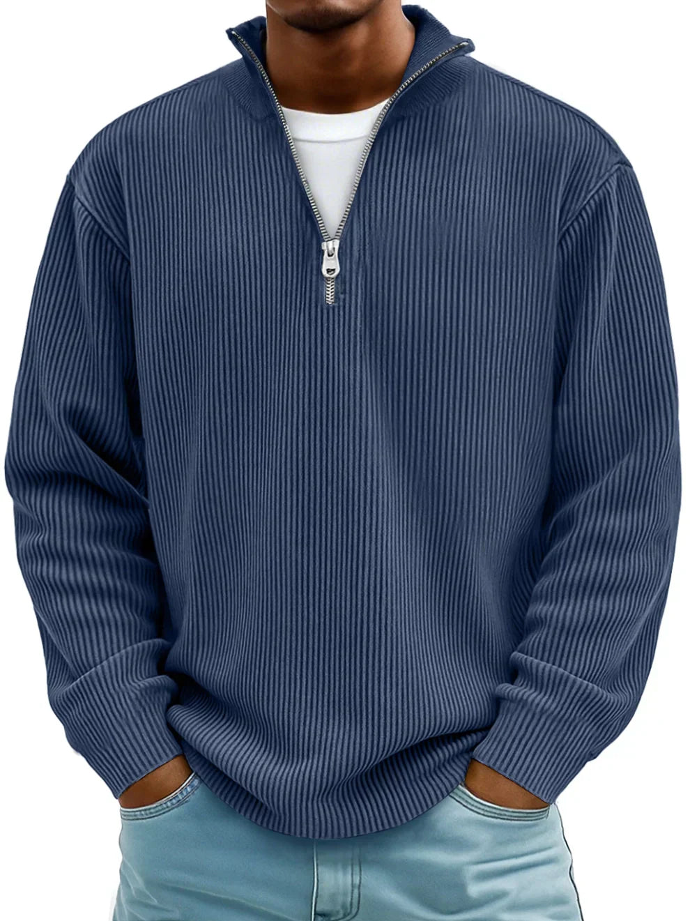 Herresweater med lynlås og ribstrikket stof
