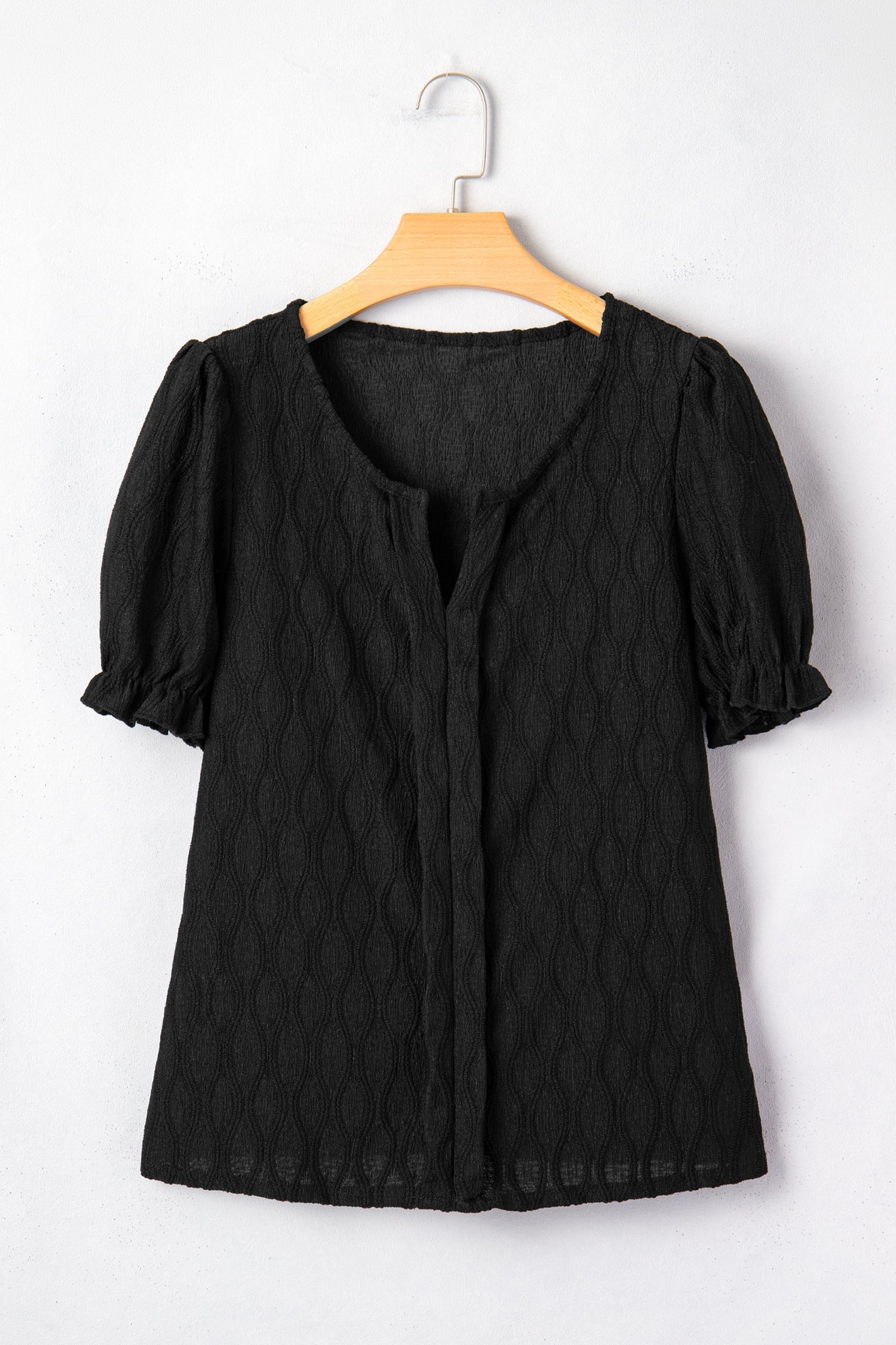Blusa Testurizzata a Tinta Unita con Scollo a V e Maniche a Sbuffo