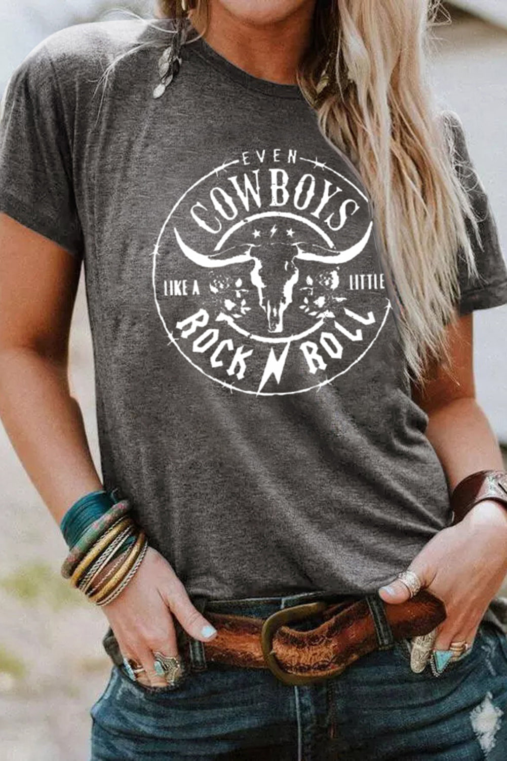 T-shirt grigia con grafica Western e testa di bue