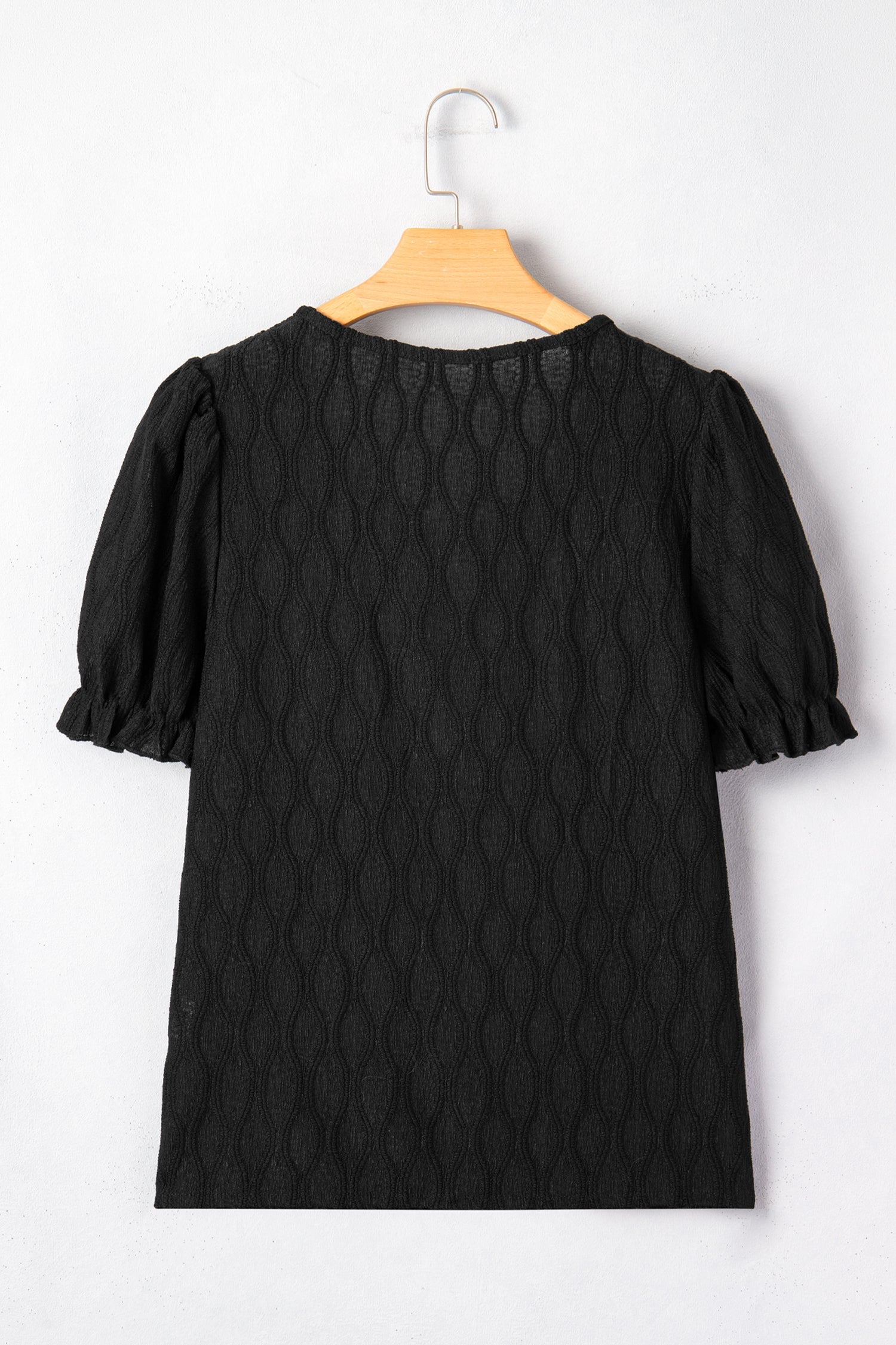 Blusa Testurizzata a Tinta Unita con Scollo a V e Maniche a Sbuffo