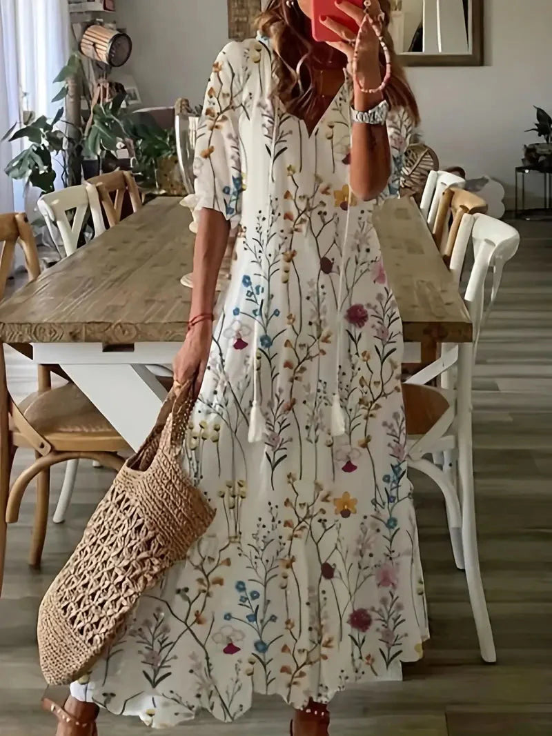 Dámské boho šaty Charm – elegantní letní šaty s volány, výstřihem do V a vzorem ikat