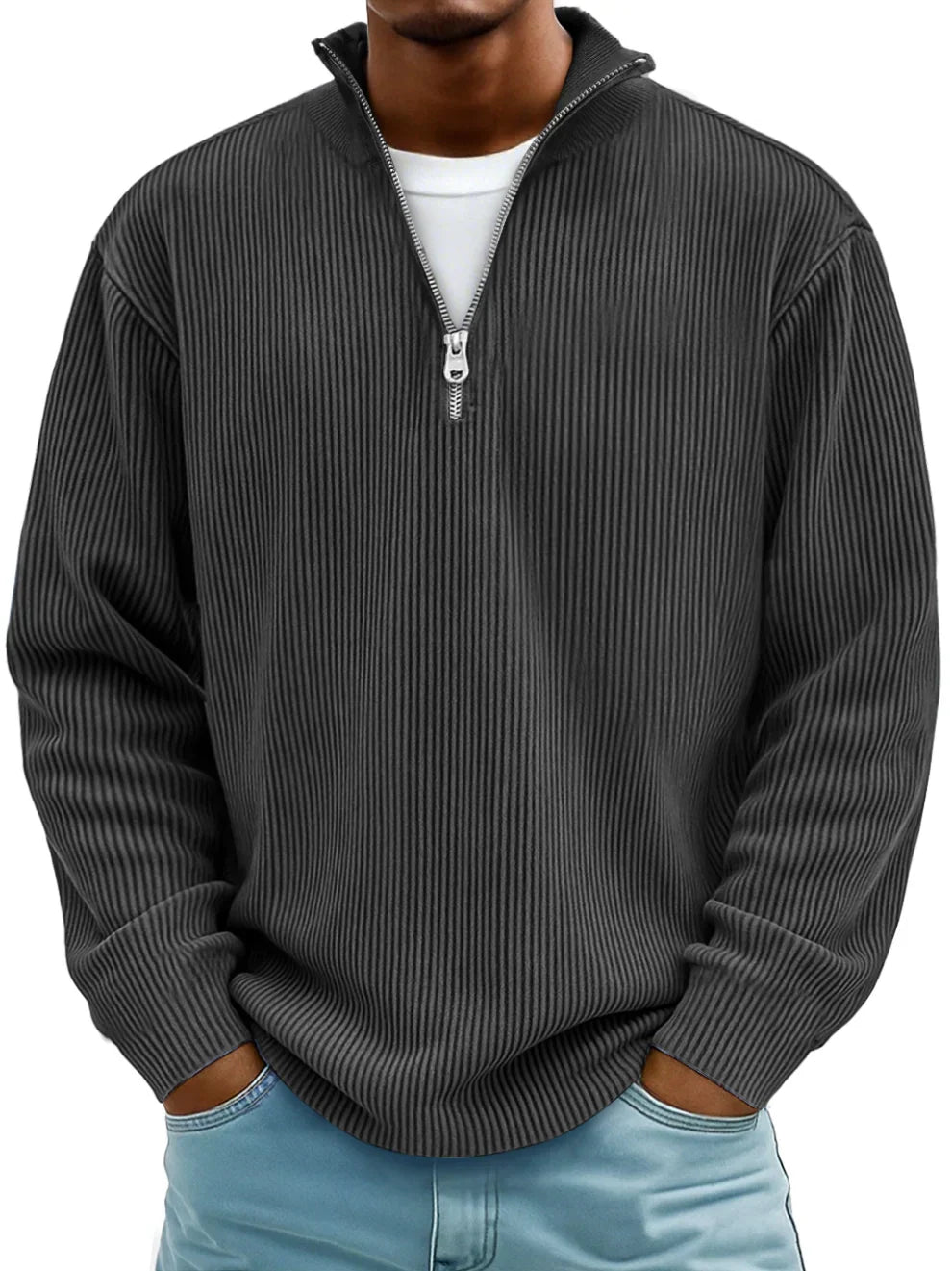 Maglione Uomo a Coste con Mezza Zip Vestibilità Regolare