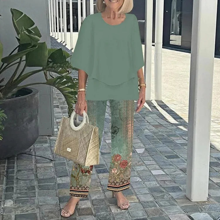 Printet 2-Delt Sæt med Løs Bluse og Bukser til Dame