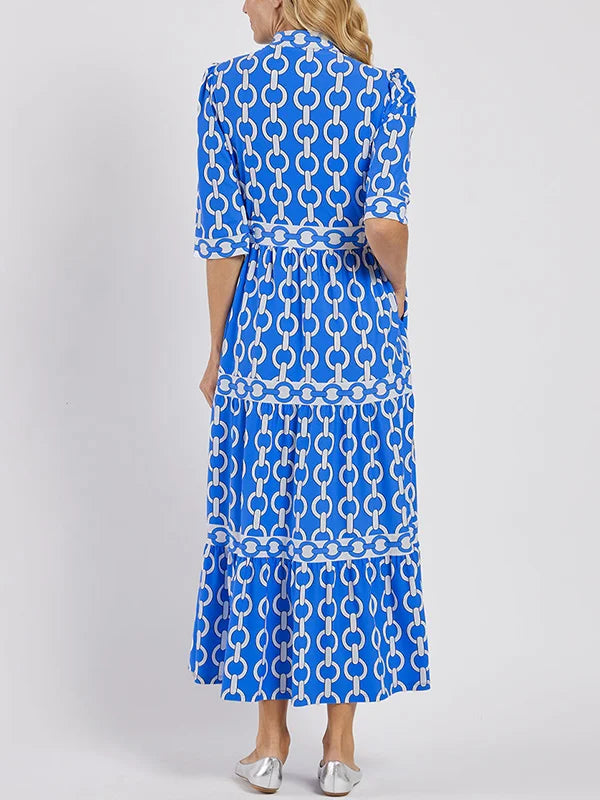 Abito Maxi da Donna con Stampa Geometrica e Cintura in Vita