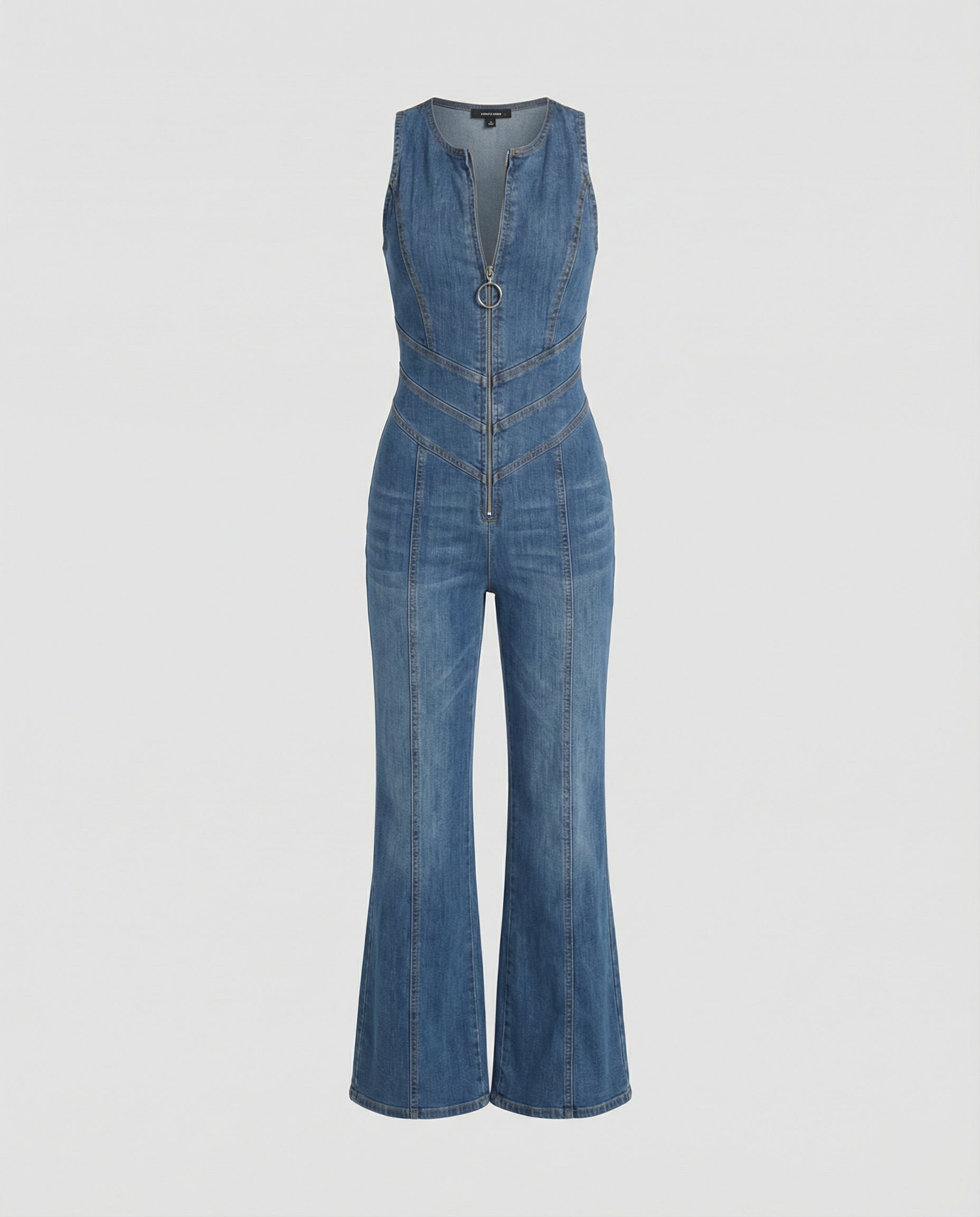 Women's denim jumpsuit, sweetheart neckline at the back, sleeveless, defined waist, one-piece