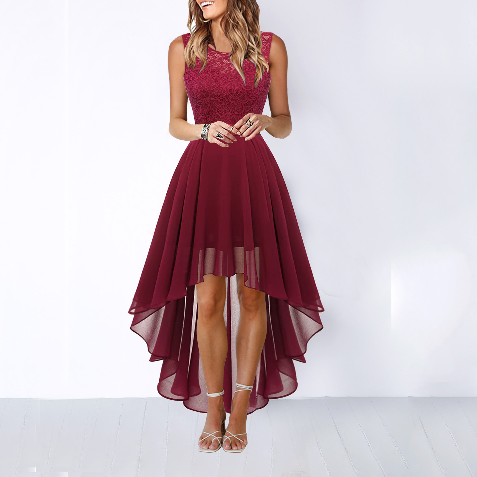 Asymetryczna sukienka wieczorowa high-low, elegancka, bez rękawów