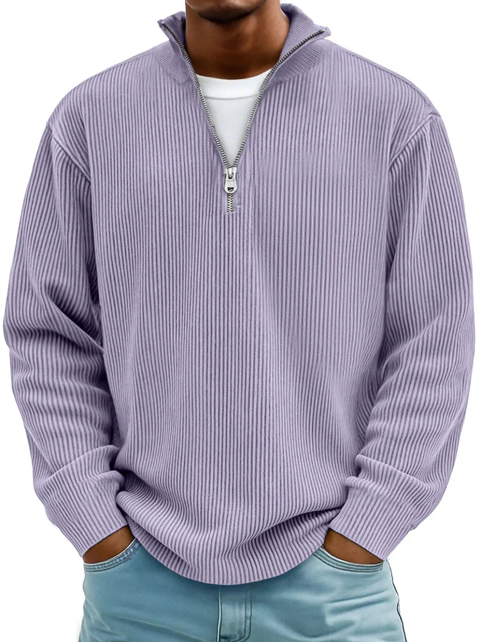 Maglione Uomo a Coste con Mezza Zip Vestibilità Regolare