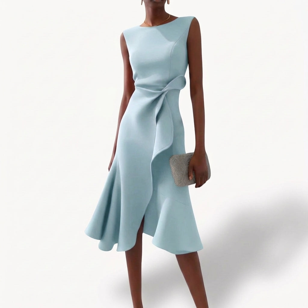 Robe midi drapée avec volant asymétrique