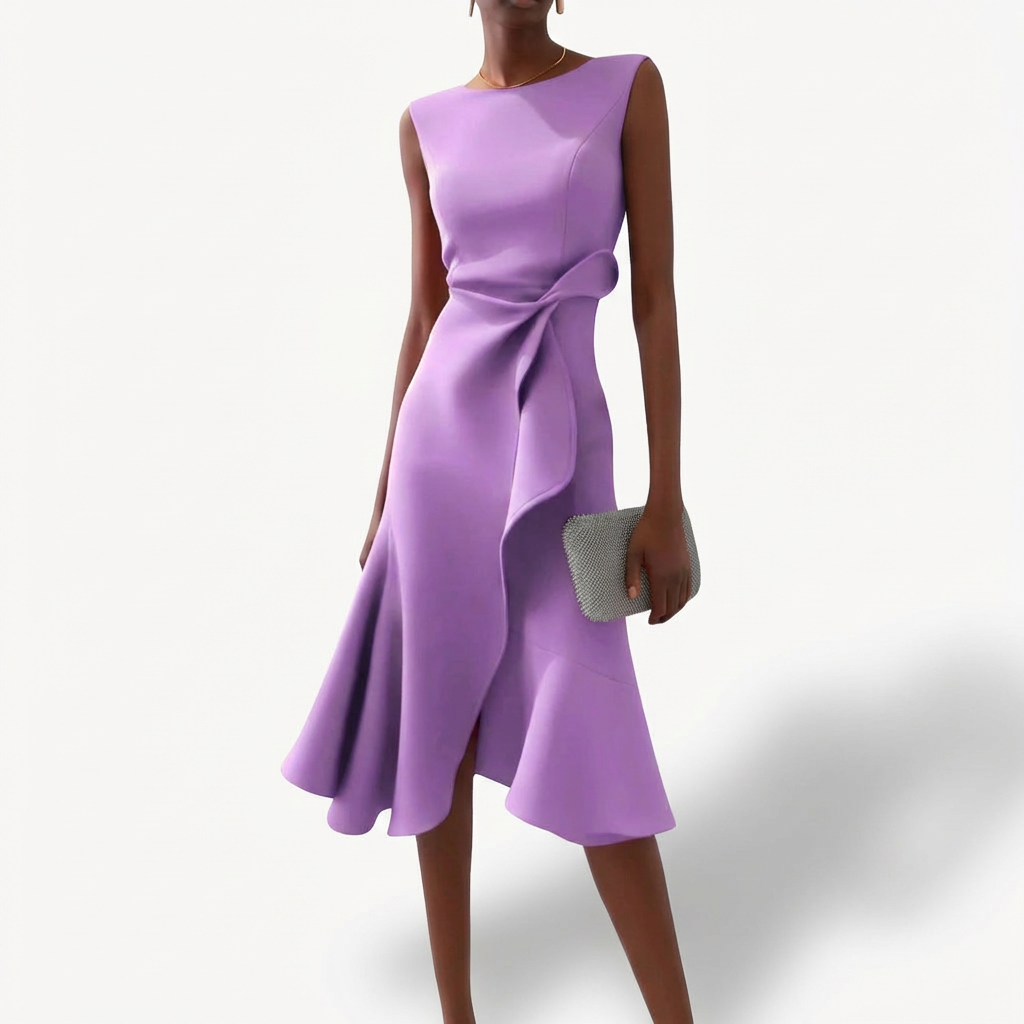 Robe midi drapée avec volant asymétrique