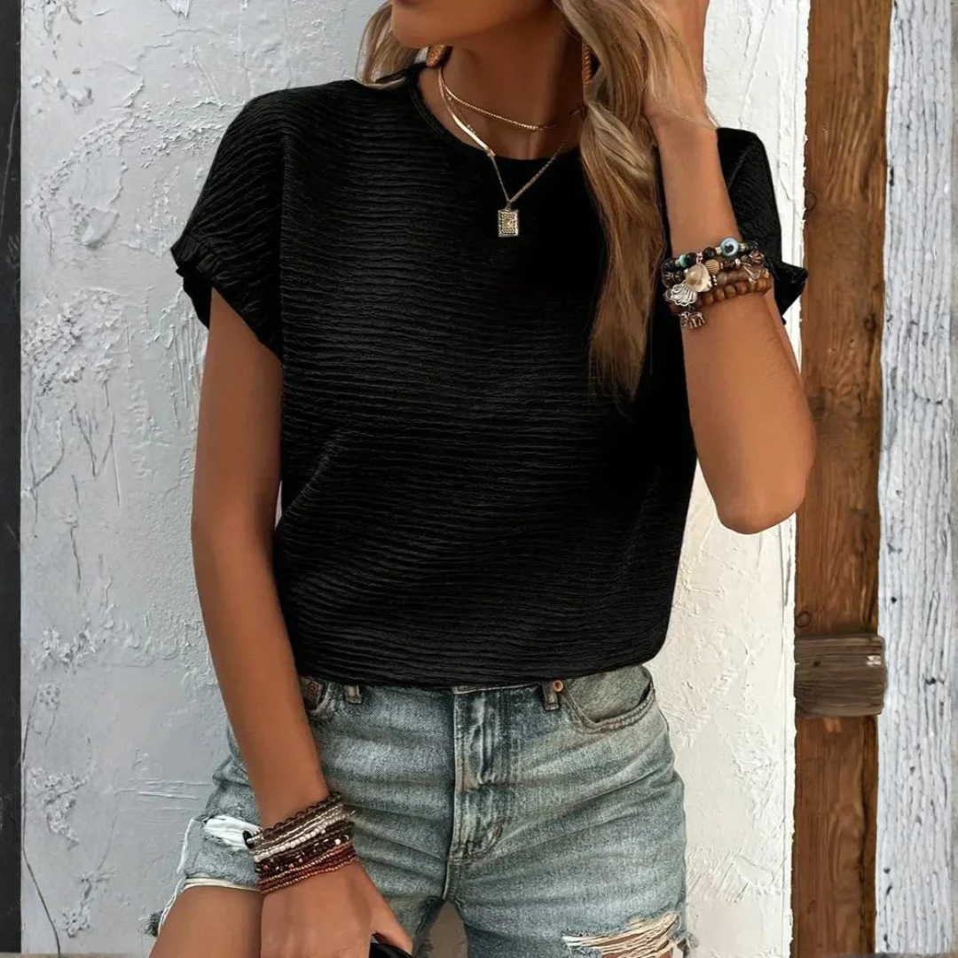 Aroa | T-Shirt Basique Femme Manches Courtes Volants Col Rond Texture Unie