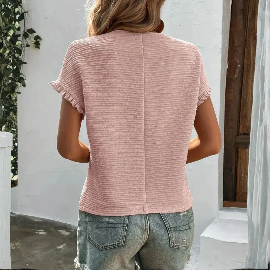 Aroa | T-Shirt Basique Femme Manches Courtes Volants Col Rond Texture Unie