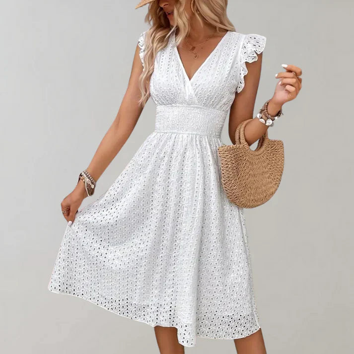 Abito Midi Donna in Pizzo Sangallo con Scollo a V