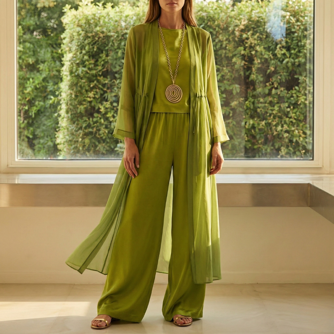 Cayetana | Women's Three-Piece Palazzo Set with Long Sheer Cardigan