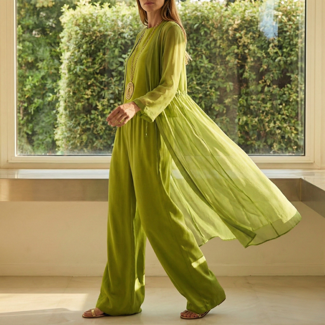 Cayetana | Women's Three-Piece Palazzo Set with Long Sheer Cardigan
