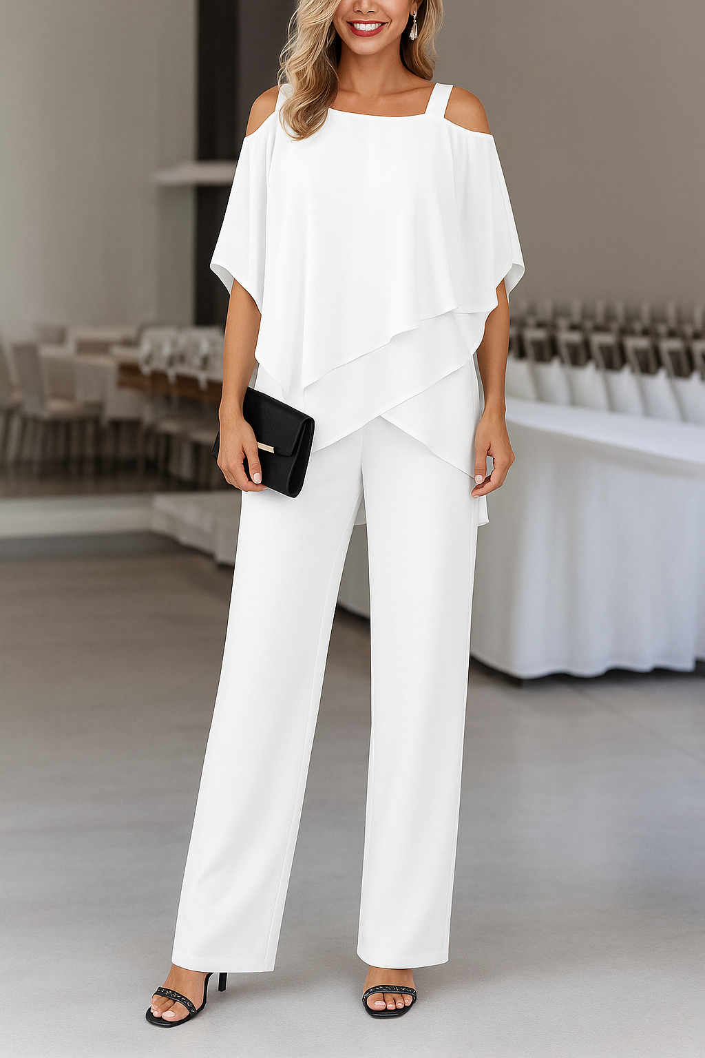 Completo Donna Elegante Due Pezzi con Blusa Asimmetrica e Pantaloni